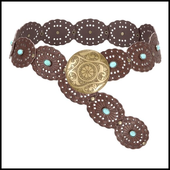 Wide Western Disc Belt Boho Cowgirl Chic Turquoise Accent Leather Belt for Jeans